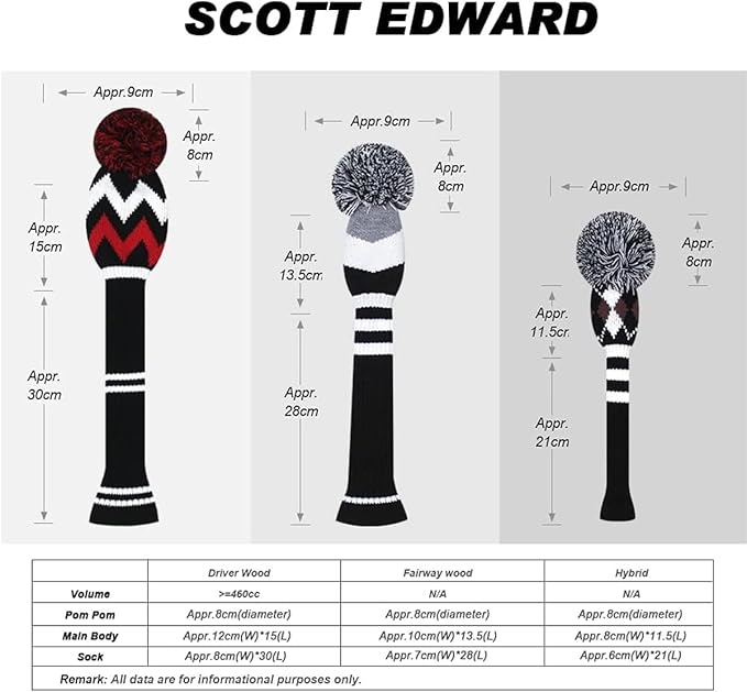 Scott Edward Knit Golf Head Covers for Woods Set of 3 Fits Well Driver(460cc) Fairway Wood and Hybrid(UT) The Perfect Change for Golf Bag