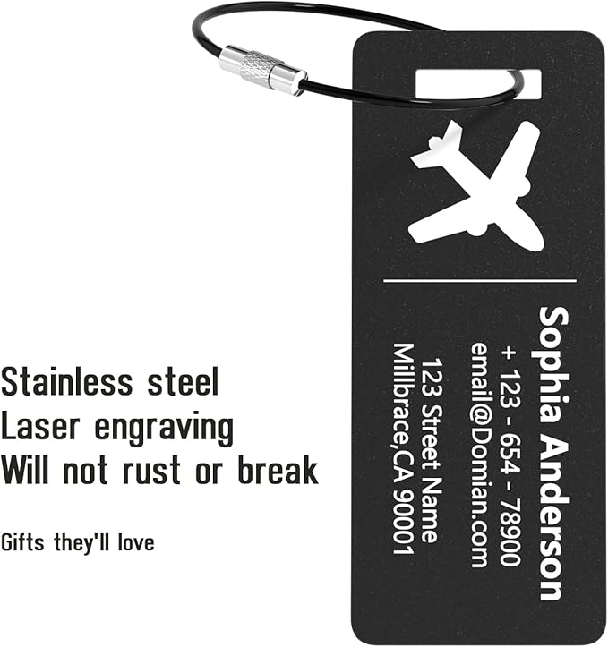 4 Pack Personalized Luggage Tags, Custom Engraved Aluminum Luggage Tags with Your Personalized Text, Waterproof Metal Name Tags with Steel Loop for Bags, Suitcase, Baggage, Backpack (Black, Small)