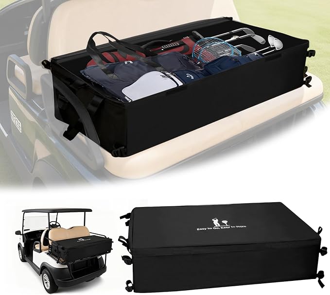 Golf Cart Storage Bag, Golf Cart Accessories Compatible with Yamaha, Club Car, EZGO, Cargo Box with Strong Buckles & Adjustable Straps for 2+2 Passenger Golf Carts, No-Drill Design (Bag Only)