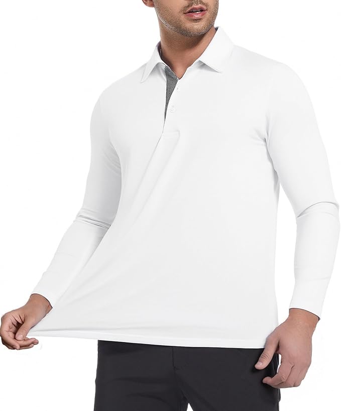 Alex Vando Mens Golf Shirt Moisture Wicking Quick-Dry Solid Long Sleeve Polo Shirts for Men