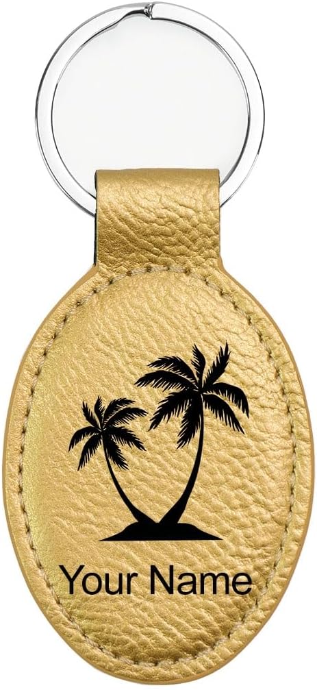 LaserGram Oval Keychain, Palm Trees, Personalized Engraving Included (Gold)