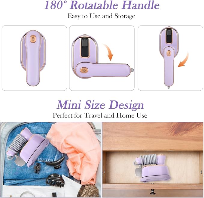 Mini Steam Iron for Clothes, Biupky Travel Steamer for Clothes Portable, Micro Steam Iron Mini Handheld Steamer Support Dry And Wet Ironing for Home Travel (Purple)