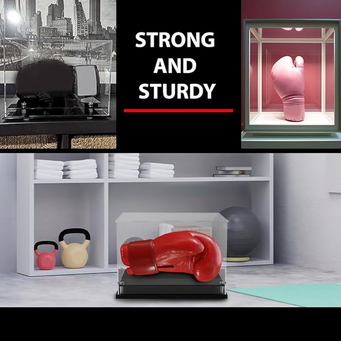 G-PLUS Boxing Glove Display Case,Fit for Full Size Boxing Glove and Baseball Glove Display Case Holder Showcase,Tennis Ball,Golf Ball,Helmet and More,Clear Case Black Base Riser Stand