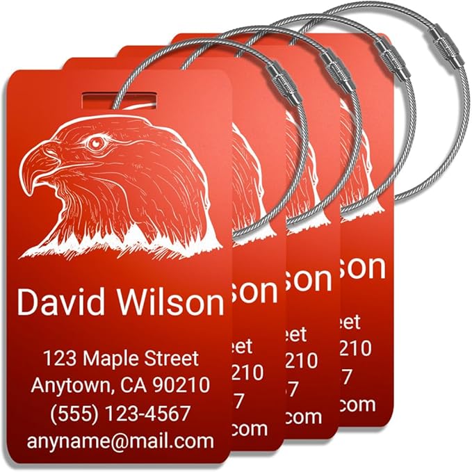 Personalized Luggage Tags for Suitcases 4 Pack – Custom Metal Name Tag for Travel, Golf Bag, and Baggage – Durable Aluminum Luggage Name Tags (Adventure Collection, Red)