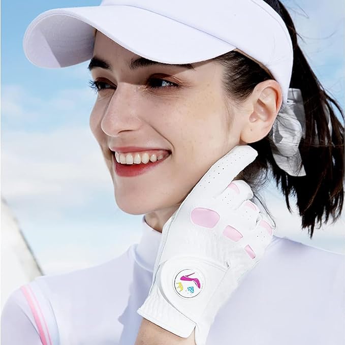 FINGER TEN Golf Gloves Women Leather Glove with Ball Marker for Ladies - Enhanced Grip, Comfort & Durability for Female Golfers