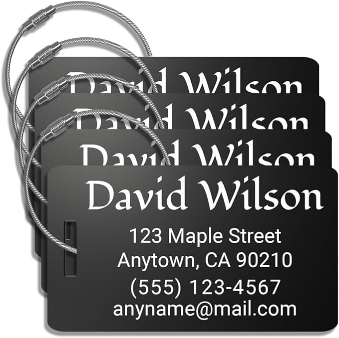Personalized Luggage Tags for Suitcases 4 Pack – Custom Metal Name Tag for Travel, Golf Bag, and Baggage – Durable Aluminum Luggage Name Tags (Black, Horizontal)
