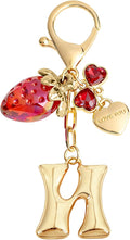 Snycler Bubble Initial Keychain with Strawberry & Bow- Gold Letter Bag Charms for Women, Cute Purse Handbag Accessories