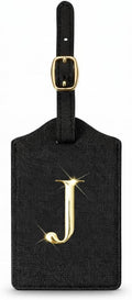 Personalized Initial Letter Luggage Tag for Suitcases PU Leather Baggage ID Tag with Metal Alphabet,Travel Accessory for Backpacks, Bags and Gift for Travelers (Black/Gold-Letter, J)