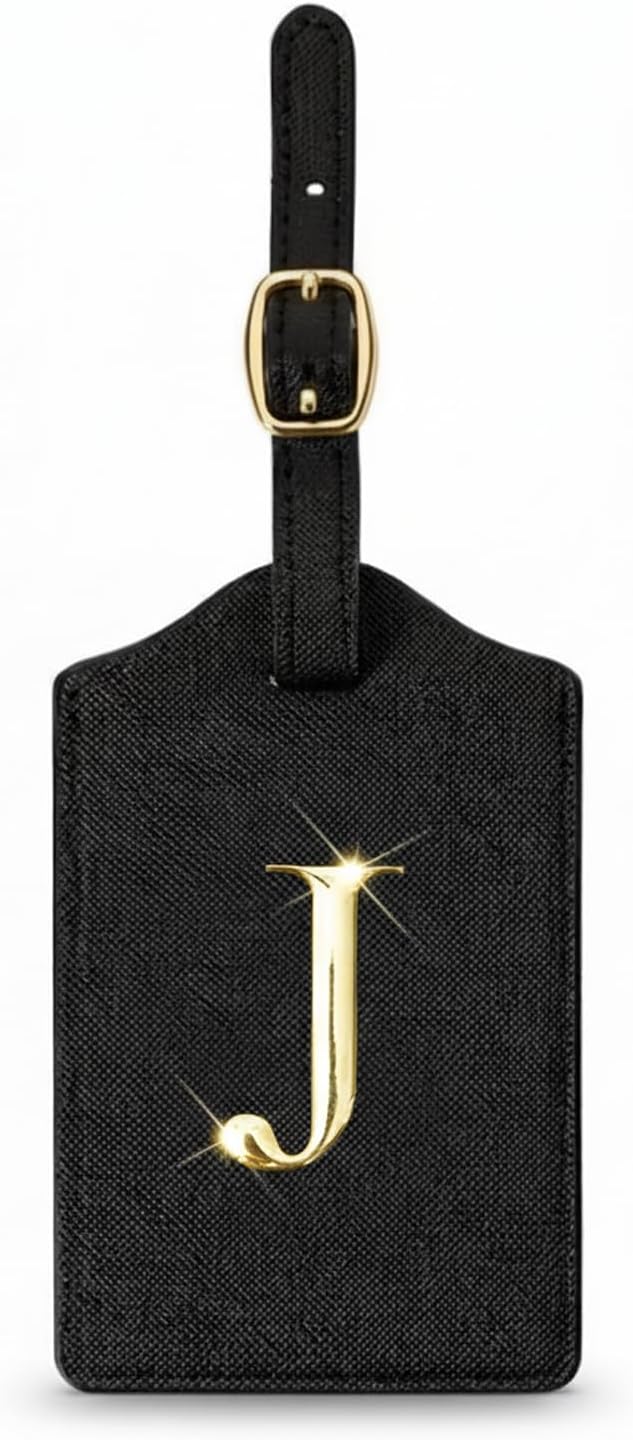 Personalized Initial Letter Luggage Tag for Suitcases PU Leather Baggage ID Tag with Metal Alphabet,Travel Accessory for Backpacks, Bags and Gift for Travelers (Black/Gold-Letter, J)