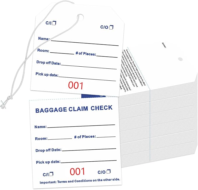 500 Baggage Claim Check Tags with Transfer Tape on Back, Hotel Luggage ID Tags Luggage Tag Bulk with White String, Baggage Identification for Hotel Suitcase Motel Bag