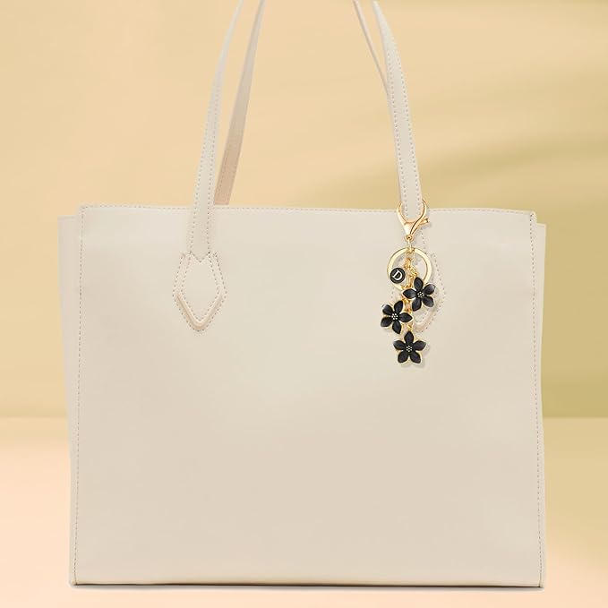 XGALBLA White/Pink/Black Big Cute Flower Initial Letter Keychain for Women, Flower Bag Charms Enameled Keychain Handbag Purse