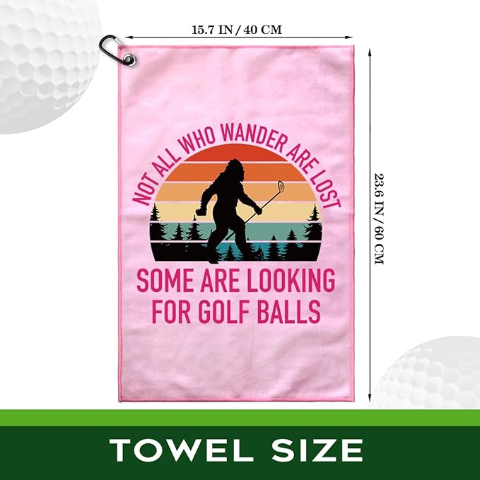Not All Who Wander are Lost Polyester Printed Golf Towel for GolfBag, Funny Golf Gifts & Accessories for Men Women Golfs Fan Dad Grandpa, GolfLover Retirement Birthday Gifts (Pink)