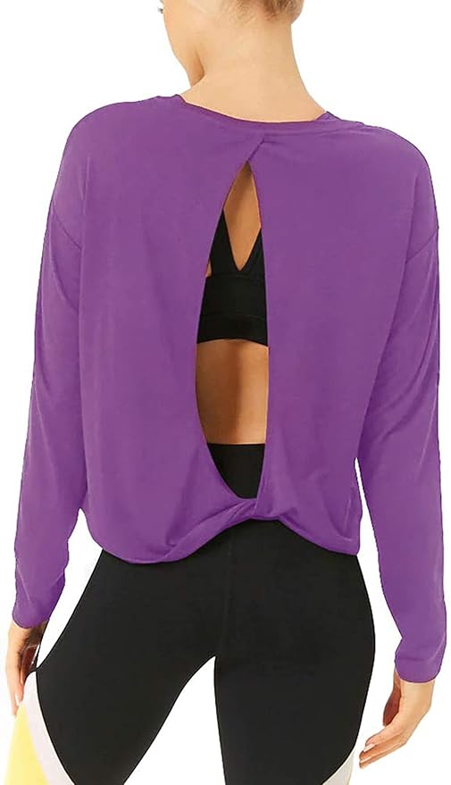 Bestisun Long Sleeve Workout Shirts Yoga Dance Tops Open Back Athletic Clothes for Women