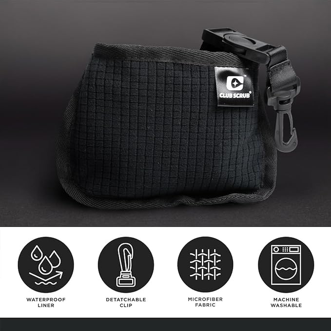 Club Scrub Mini, Golf Club and Golf Ball Cleaning Bag, Waterproof Clean Face Technology Liner, Detachable Clip, Machine Washable, Cleans Club Grooves, Dry Exterior (Black)