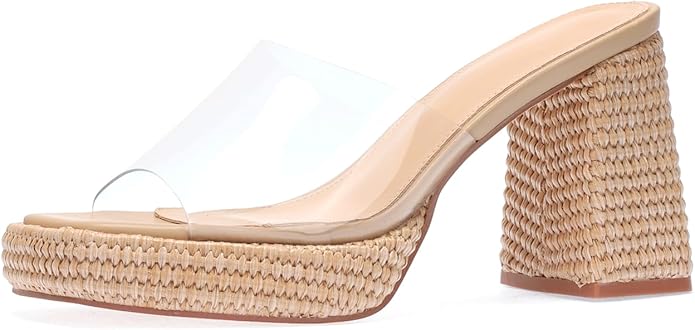 Monrovia Womens Sandals Heels for Women Slide On Block Chunky Platform High Heels Open Toe Raffia Wedge Sandals