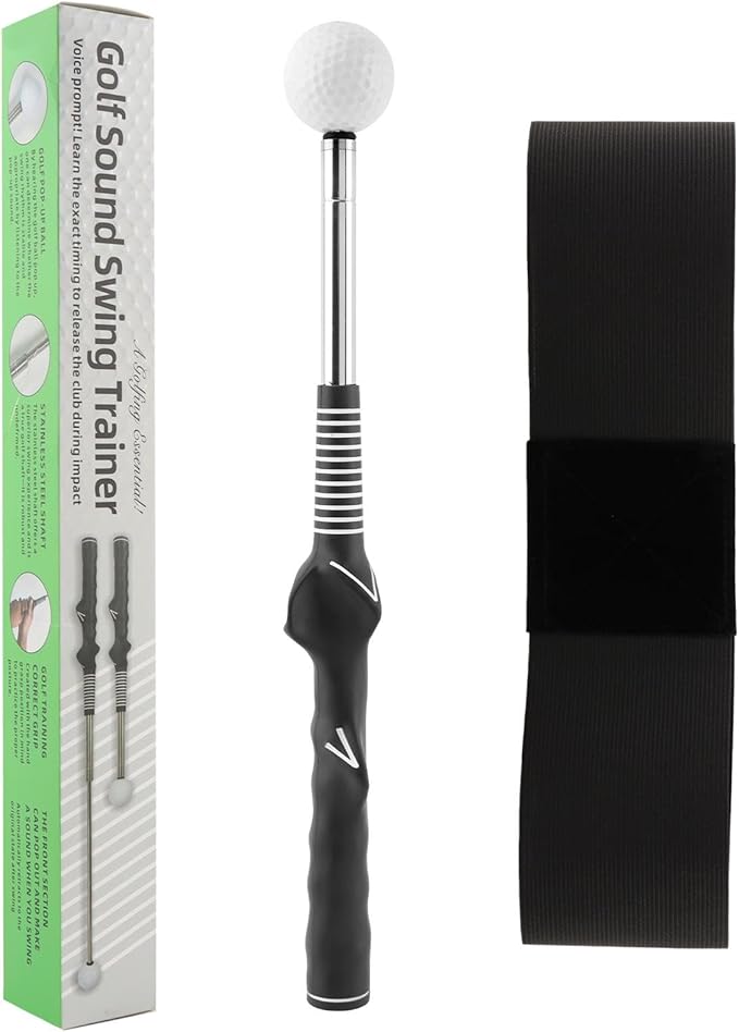 Retractable Golf Swing Training Aid, Strength & Tempo Training for Chipping Hitting, Portable Rhythm Click Sound Warm Up Golf Swing Trainer with Arm Band for Indoor Outdoor Use