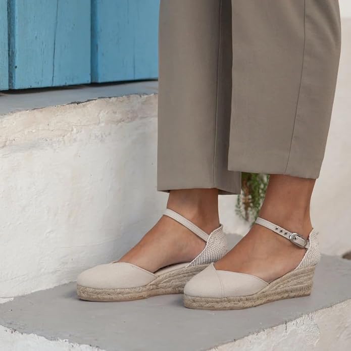 Girona Authentic Spanish Espadrille Wedge Sandals for Women - Sustainable, Eco Friendly, Vegan Shoes. Classic Style, Organic Cotton Canvas Upper, Comfy Insole, Jute Midsole, Rubber Sole. Made in Spain