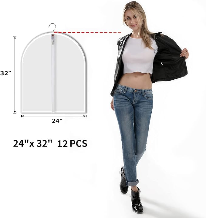 MsKitchen12Pack Short Garment Bags (24x32") - Dustproof Covers for Kids Clothes - Durable PEVA Storage Bags with Sturdy Zipper for Dance Costumes, Tops & Folded Pants (Translucent)