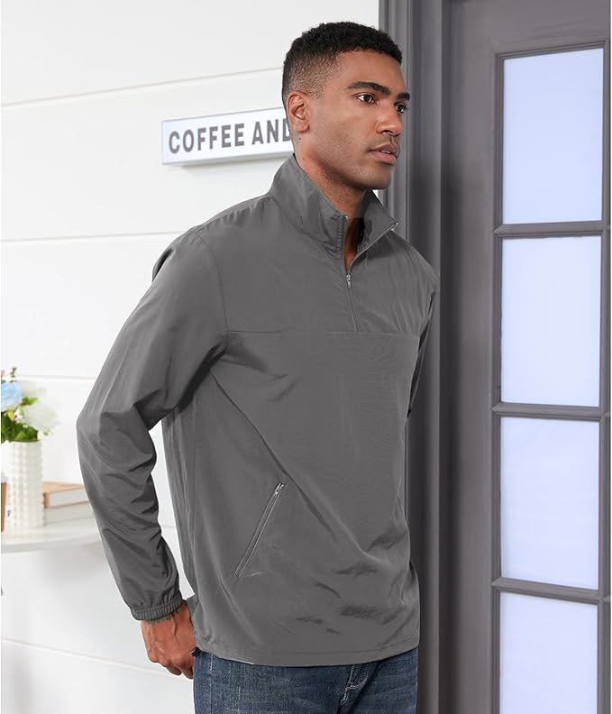 Aulemen Men's Casual Quarter Zip Pullover Golf Windbreakers Athletic Lightweight Jacket Hiking Running Sweatshirt with Pocket