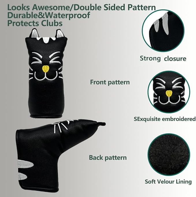 Golf Kitty Head Cover Golf Club White Leather Headcovers 1pc/4pcs Set Fits Driver Fairway Wood Hybrid Utility Putter Iron Wedge Headcover.