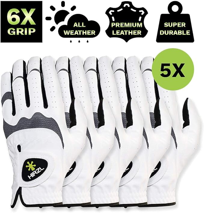HIRZL Trust Hybrid – Men’s All Weather Golf Glove | Kangaroo Leather | Ultimate Grip and Ergonomic Fit, White/Black (Pack of 5)