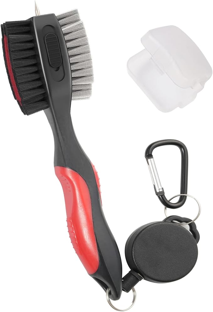 Golf Club Brushes, Golf Cleaning Tool, with Retractable Cleaning Nails, Nylon and Wire Bristles Oversize Double Brush Head with 2ft Retractable Zip-line Metal Buckle