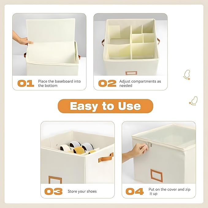 Atlodas Fabric Shoe Organizer Storage Box, 2 Pack Foldable Shoe Storage Organizer Box Bin with Adjustable Dividers and Clear Cover, Fits up to 8-16 Pairs (Gray, 2Pcs)