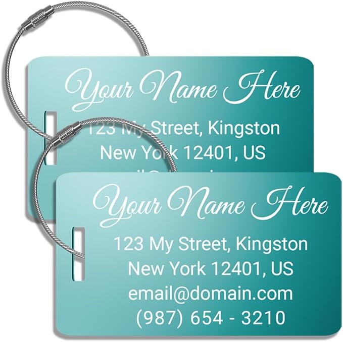 Custom Bag Tags for Luggage, Personalized Luggage Tags for Suitcases - Laser Engraved Metal Tags- Pack of 2 (Aqua Marine, 2x3.5)