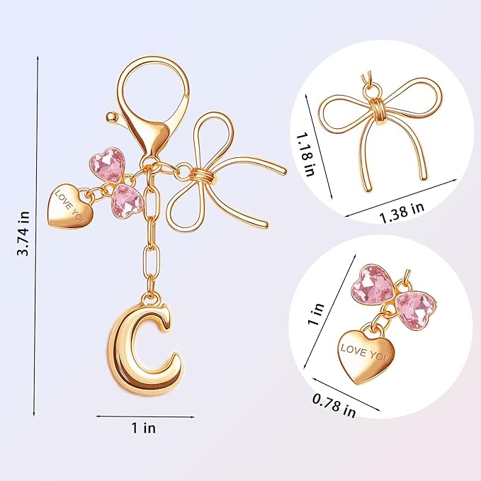 Gold Bubble Initial Keychain with Bow Decoration Bag Charms for Women, Cute Purse Handbag Accessories Gift
