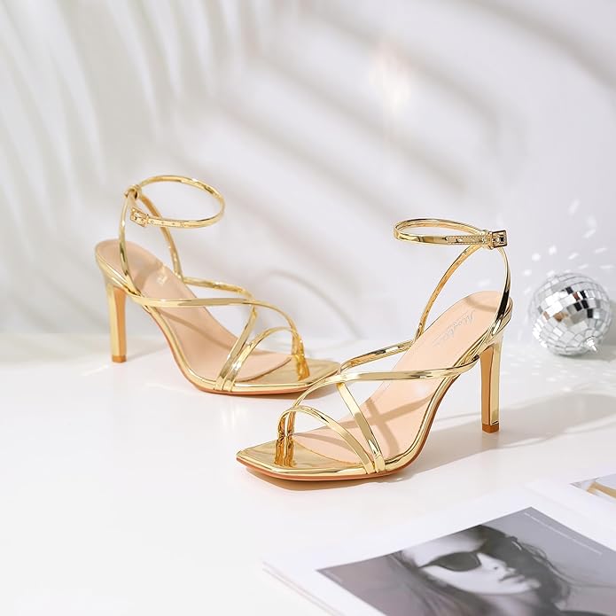 Mostrin Strappy Heels for Women Square Open Toe Lace Up Heeled Sandals Ankle Strap Sexy Stiletto High Heels for Party, Prom, Dating, Wedding