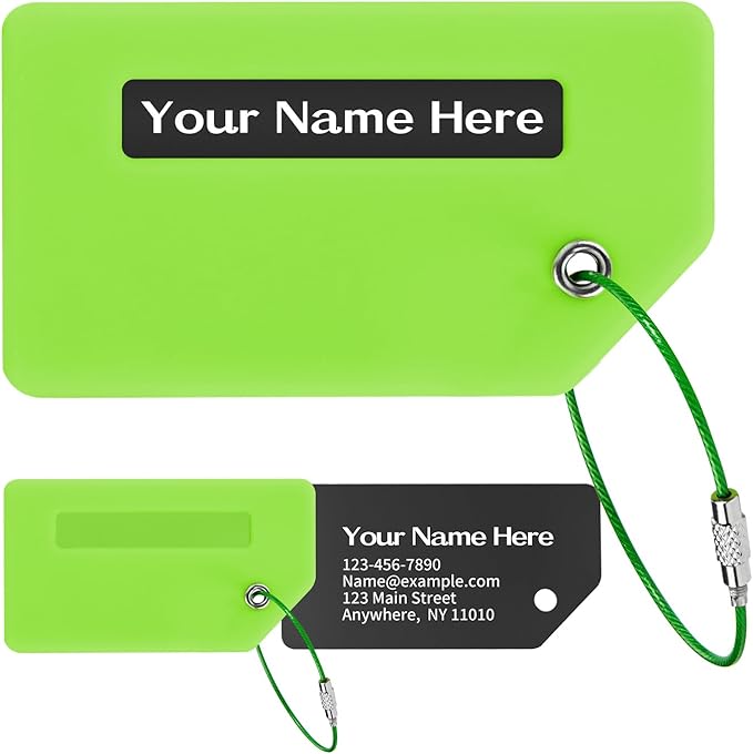 Personalized Luggage Tags for Suitcases, Custom Metal Luggage Tag for Bag with Silicone Sleeves, Durable Travel Tags, Laser Engrave Name Text, Gift for Travelers, 3.5x2 Inches (Fluorescent Green)