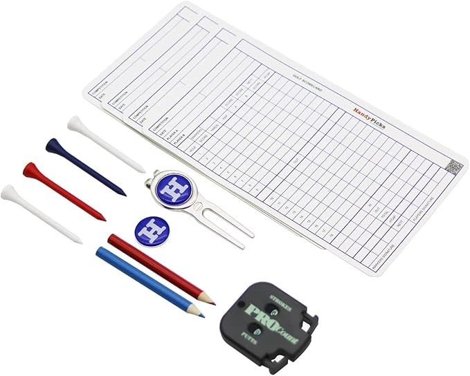 Handy Picks Golf Scorecard Holder n Yardage Book Cover in Genuine Leather - Divot Repair Tool, Ball Marker, Golf Tees, Pencil n Scorecards, Scorer Included, Gift for Golfers