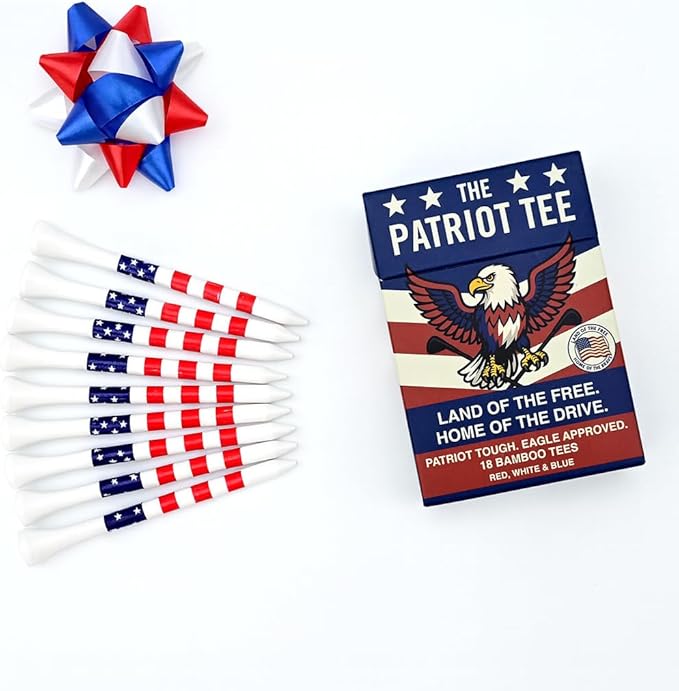 TeeTime. Patriot Golf Tees 18 Premium Bamboo Golf Tees (83mm) – Red, White & Blue American Flag Themed – Durable, Eco-Friendly Novelty Golf Tees – USA Eagle Packaging