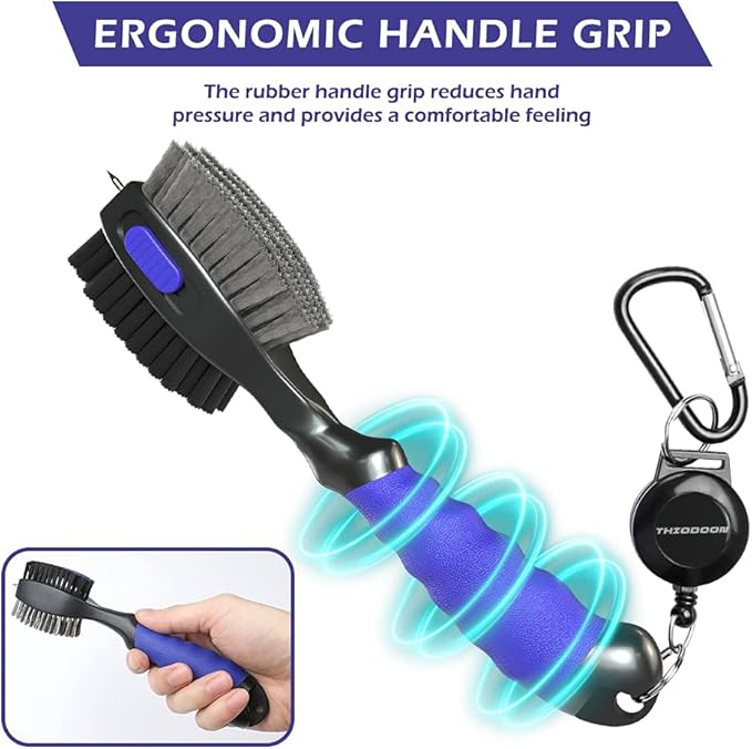 THIODOON 2 Pack Golf Club Brushes and Groove Cleaner 2 ft Retractable Zipline Carabiner Golf Brush Head with Retractable Spike Comfortable Grip Golf Club Cleaner