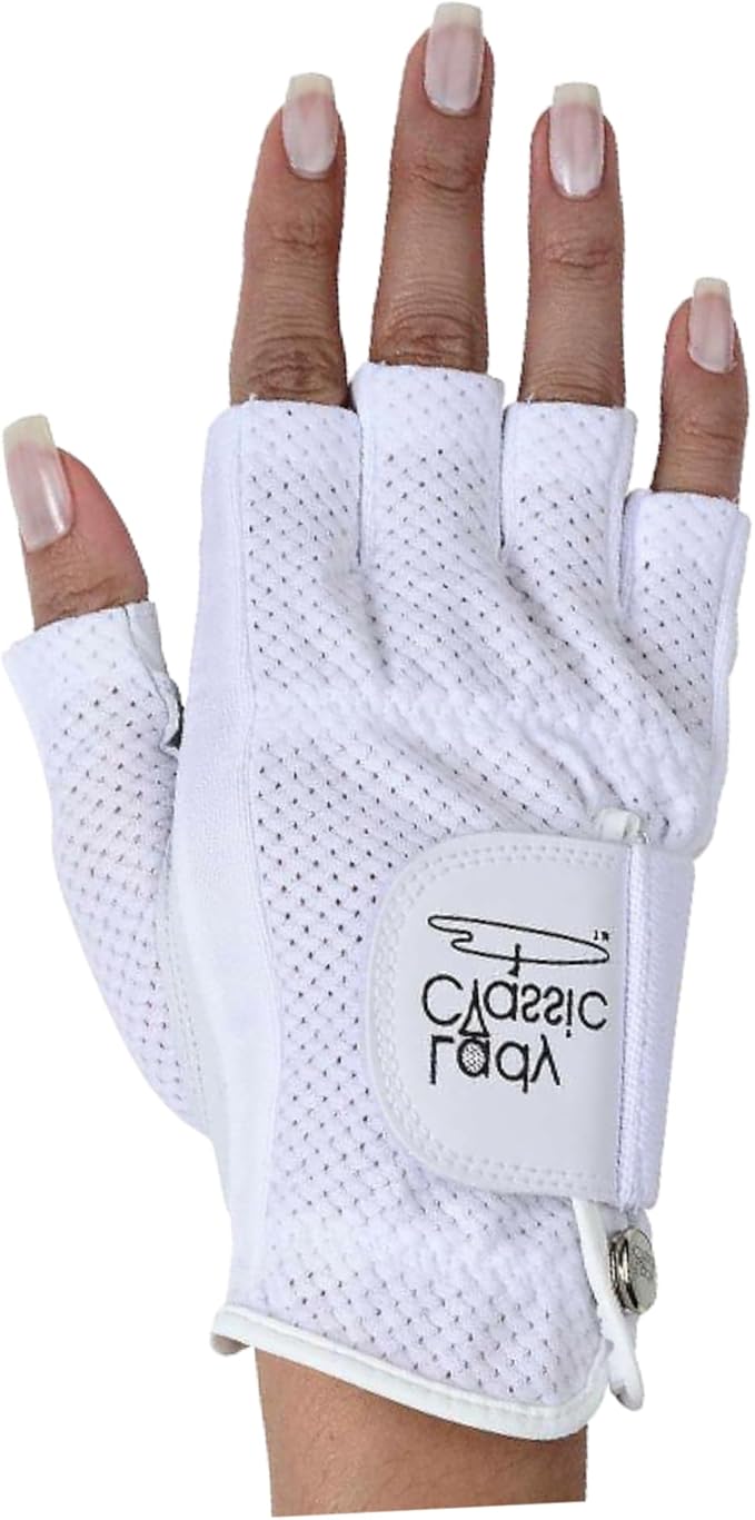 Mesh Half Golf Glove for Women – Premium Cabretta Leather Palm, Breathable Mesh Back, Half-Finger Design Ladies Golf Glove for Enhanced Grip & Comfort