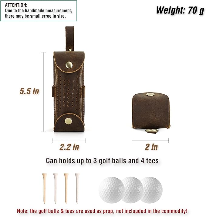 Top Grain Genuine Leather Golf Ball Pouch Holder, Vintage Design, Handmade No Logo, Portable and Holds Up to 3 Balls & 4 Tees, Golf Accessory Gift for Man & Woman