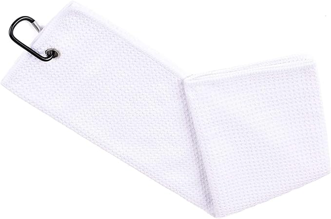 Golf Towels, Microfiber Waffle Pattern Tri-fold Golf Towel - Brush Tool Kit with Club Groove Cleaner, with Clip Men Women Golf Gifts (White Towel+Black Brush)