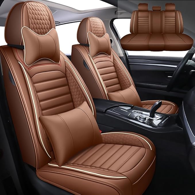Leather Car Seat Covers for Volkswagen Golf Alltrack 2017-2019,Car Seat Covers Full Set,Seat Covers with Safety,Waterproof Seat Cover Compatible Airbag(5pcs Coffee Luxury)