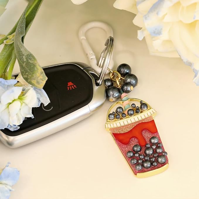 Madison Tyler Western Cowboy Boots Cherry Bow Bubble Tea Strawberry Cute Keychain | Bag Charms for Handbags Purse Charms