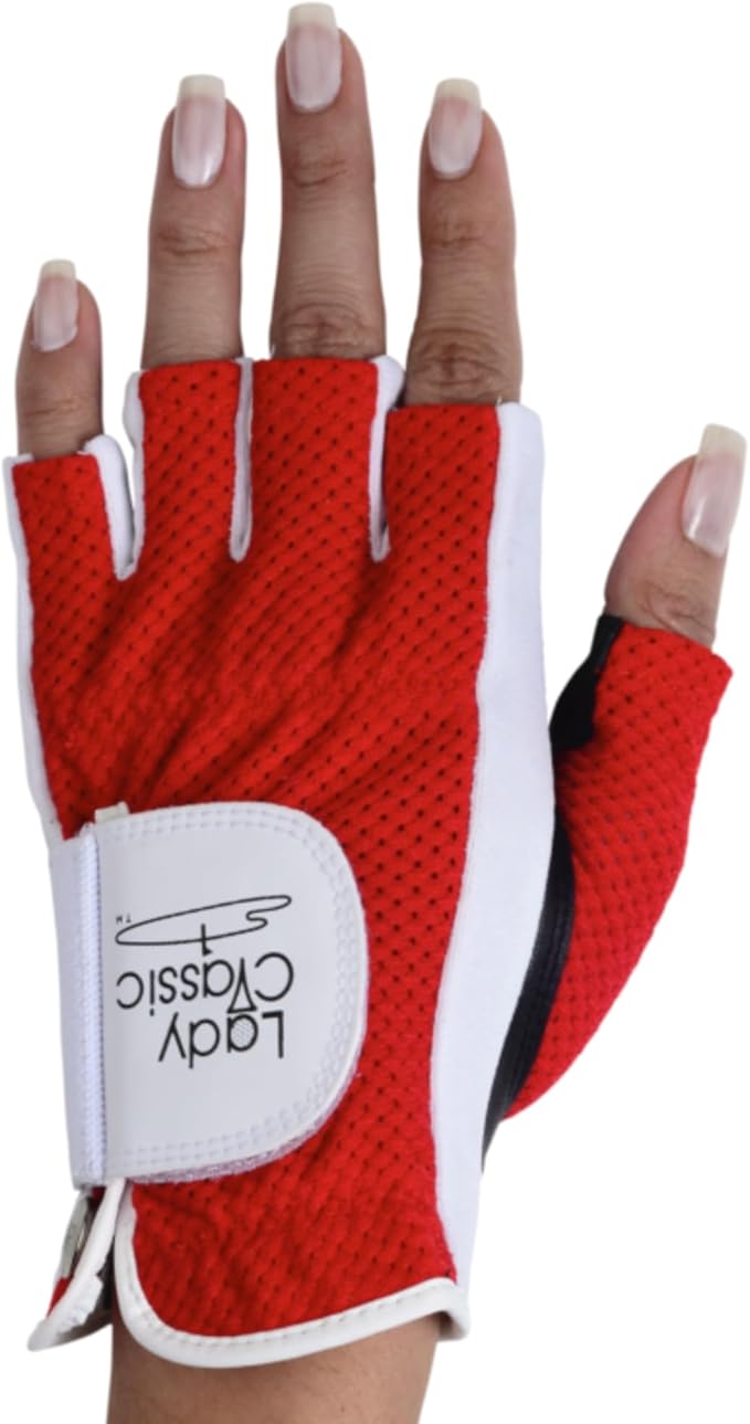 Mesh Half Golf Glove for Women – Premium Cabretta Leather Palm, Breathable Mesh Back, Half-Finger Design Ladies Golf Glove for Enhanced Grip & Comfort