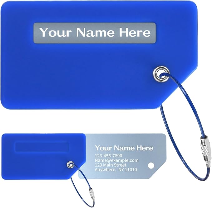 Personalized Luggage Tags for Suitcases, Custom Metal Luggage Tag for Bag with Silicone Sleeves, Durable Travel Tags, Laser Engrave Name Text, Gift for Travelers, 3.5x2 Inches (Dark Blue)