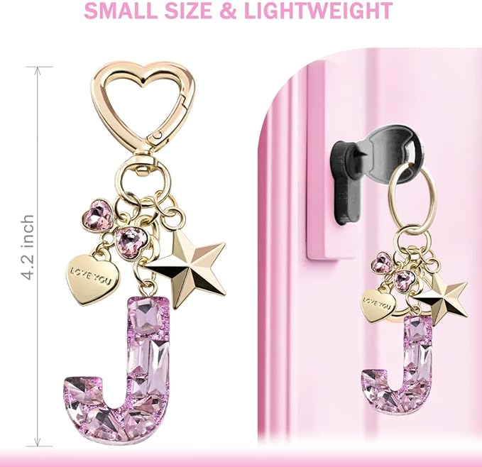 Cute Bling Keychain initial Letter Butterfly Star Pink Purple Gift for Women Girls Bag Cup Charms Accessories