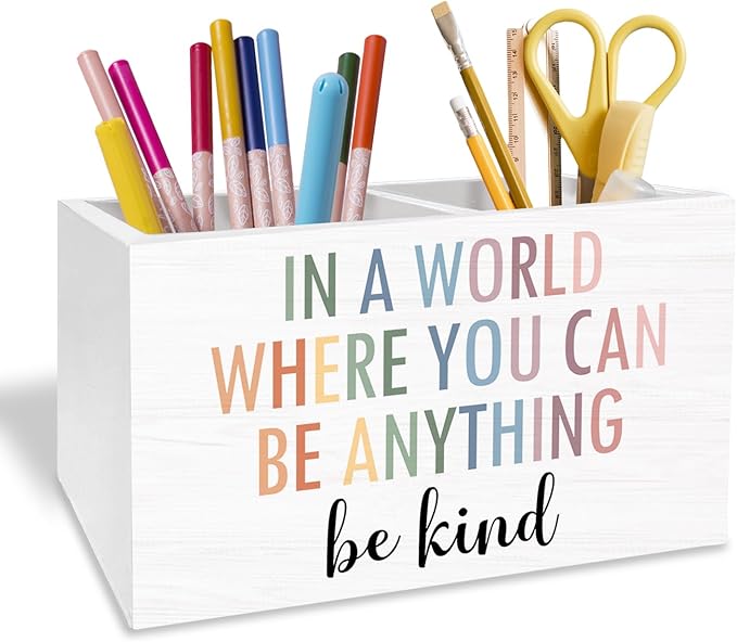 Boho Motivational Pen Pencil Holder for Desk, Boho Classroom Decor, In a World Where You Can Be Anything Be Kind Wooden Box Sign Desk Decor for Classroom Kids Room Decoration