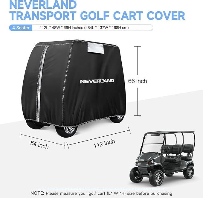 NEVERLAND Golf Cart Cover - Waterproof Golf Cart Covers - Fits for Yamaha Golf Carts EZ GO Club Car - Outdoor Windproof Sunproof (Black, Fit for 2+2/4 Passenger Cart)