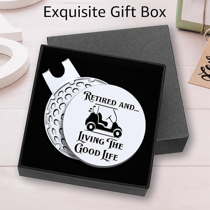 Hafhue Retired and Living The Good Life Golf Ball Marker with Magnetic Hat Clip, Funny Golf Accessories and Golf Gifts for Men Women Grandma Grandpa, Birthday Retirement Gifts for Golfer Golf Lover