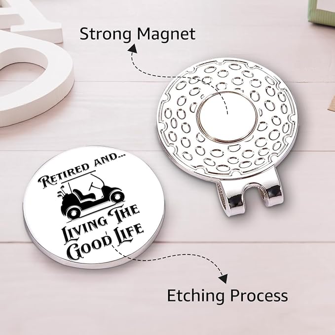 Hafhue Retired and Living The Good Life Golf Ball Marker with Magnetic Hat Clip, Funny Golf Accessories and Golf Gifts for Men Women Grandma Grandpa, Birthday Retirement Gifts for Golfer Golf Lover