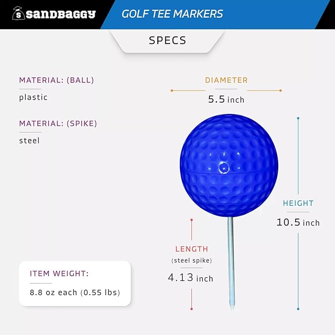 Sandbaggy Plastic Tee Markers for Golf Course (UV Resistant) - Steel Spike - Safety Caps Included