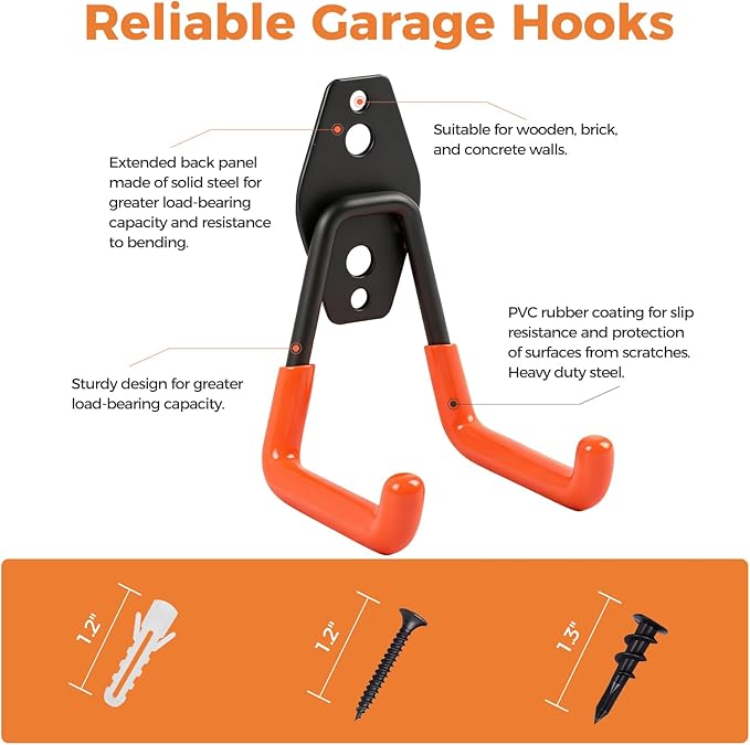 Garage Hooks Heavy Duty - 16 Pack Garage Storage Hooks Anti-Slip Coating Wall Mount Hook for Hanging Ladders Bikes Garden Tools Hose Orange