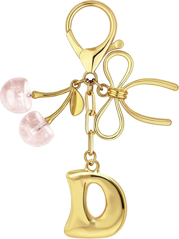 Gold Bubble Heart, Cherry, Bow & More Designs Letter Initial Keychain Bag Charms – Cute Purse Charms for Handbags