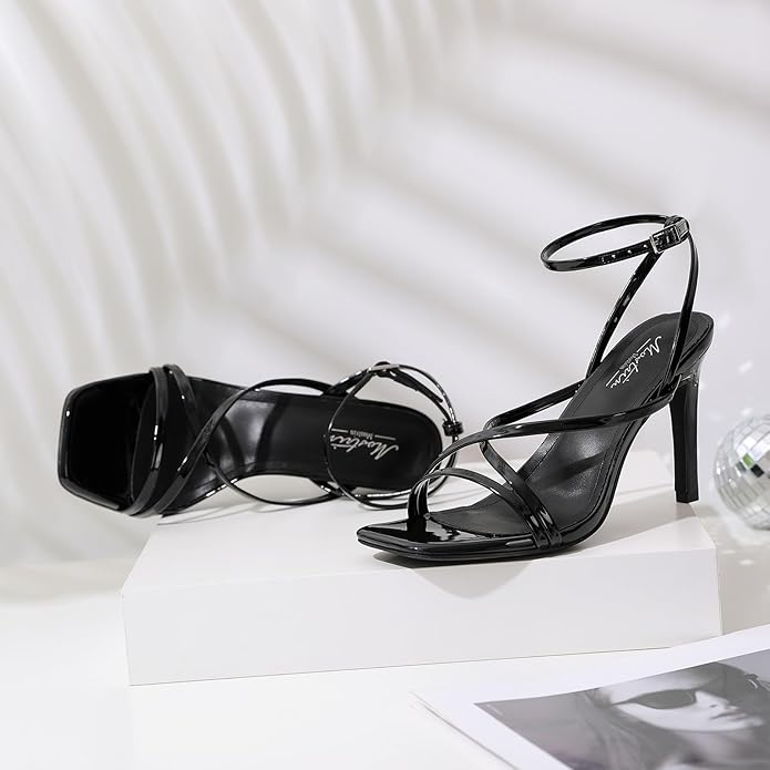 Mostrin Strappy Heels for Women Square Open Toe Lace Up Heeled Sandals Ankle Strap Sexy Stiletto High Heels for Party, Prom, Dating, Wedding